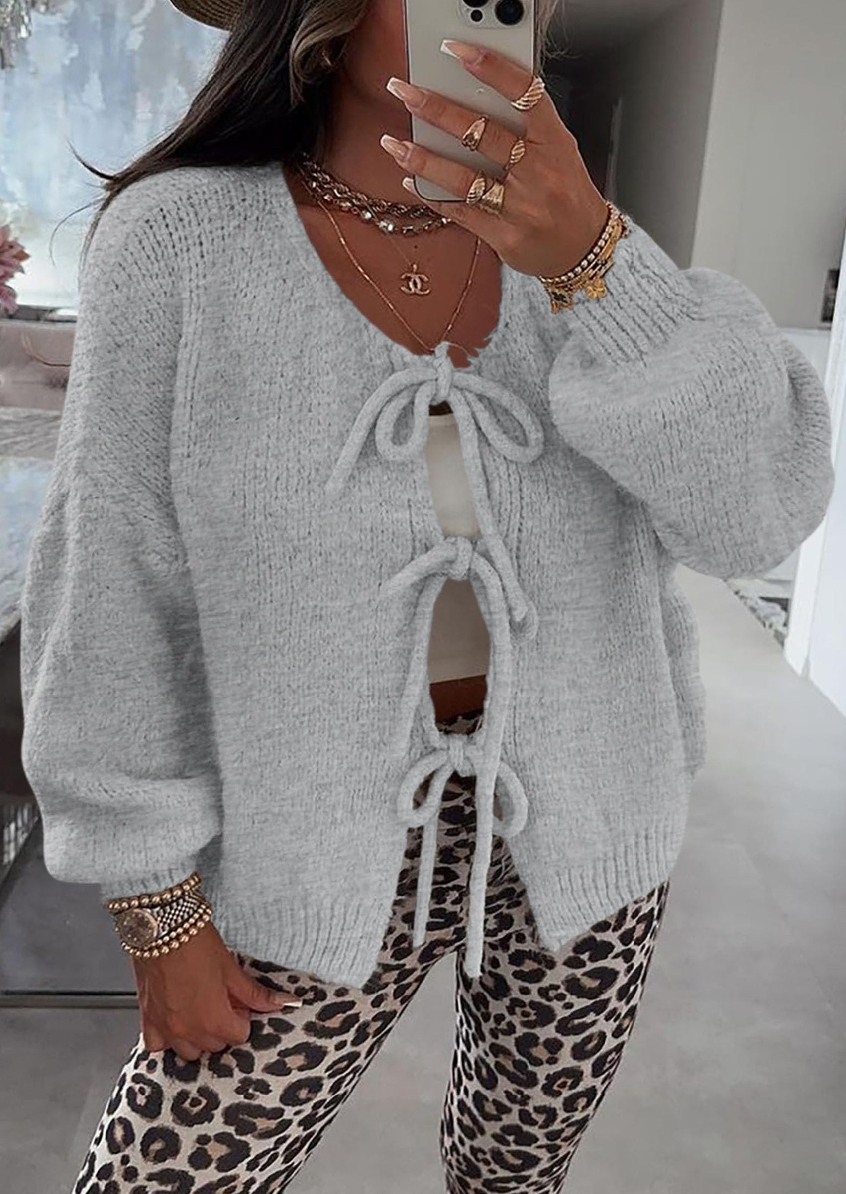 PRETTYGARDEN Women's Tie Front Bow Cardigan Sweaters Chunky Knit Long Puff Sleeve Trendy Fall Winter Jacket Coats