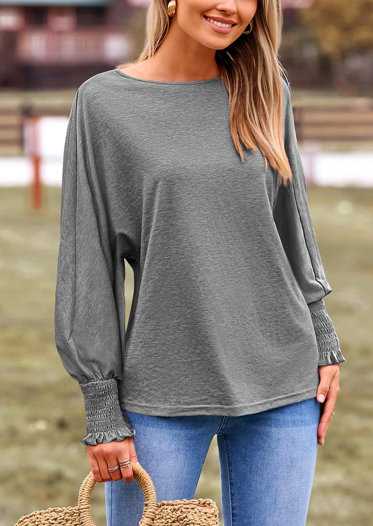Puff Long Sleeve Crew neck Casual Basic T-shirts