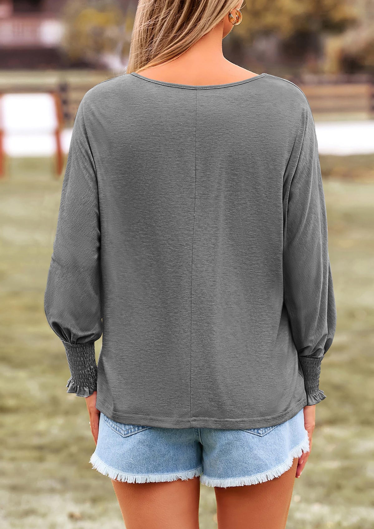 Puff Long Sleeve Crew neck Casual Basic T-shirts