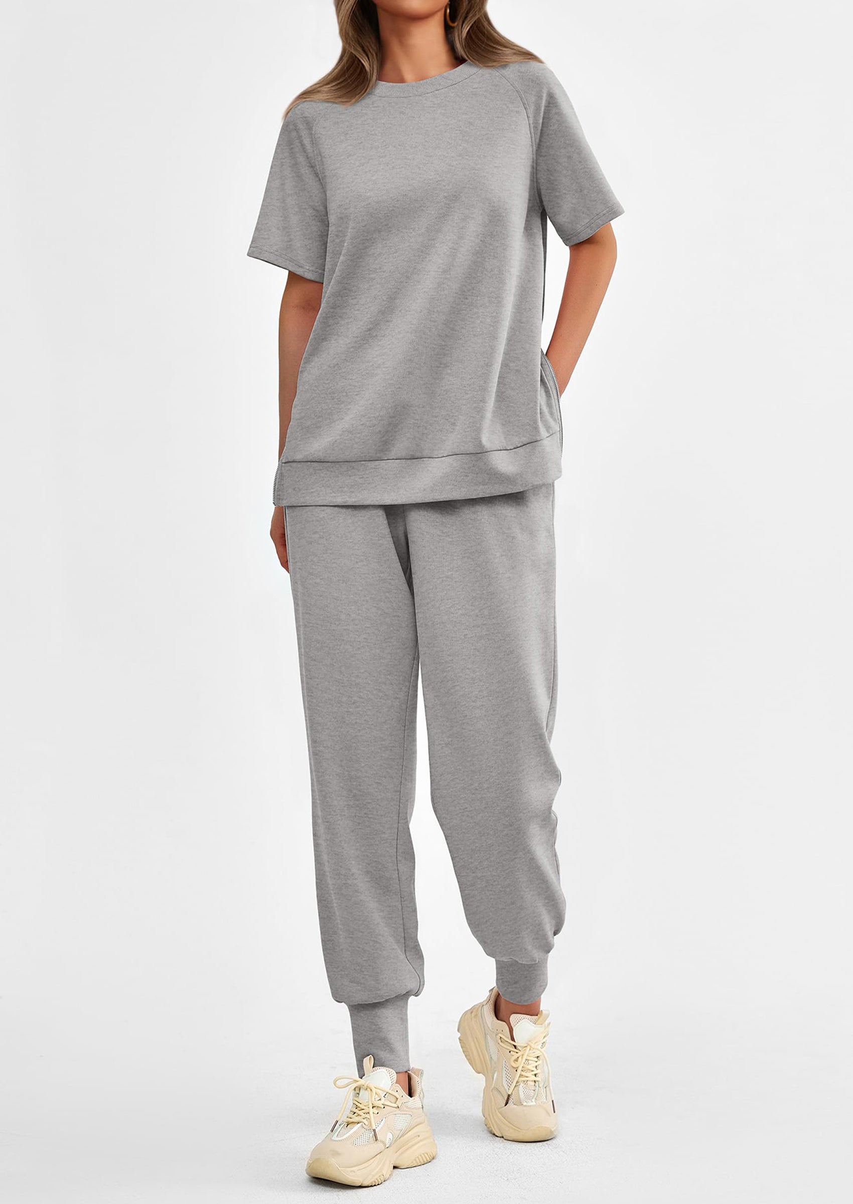 PRETTYGARDEN 2 Piece Outfit Tracksuits Casual Short Sleeve Tops High Waisted Sweatpants Set