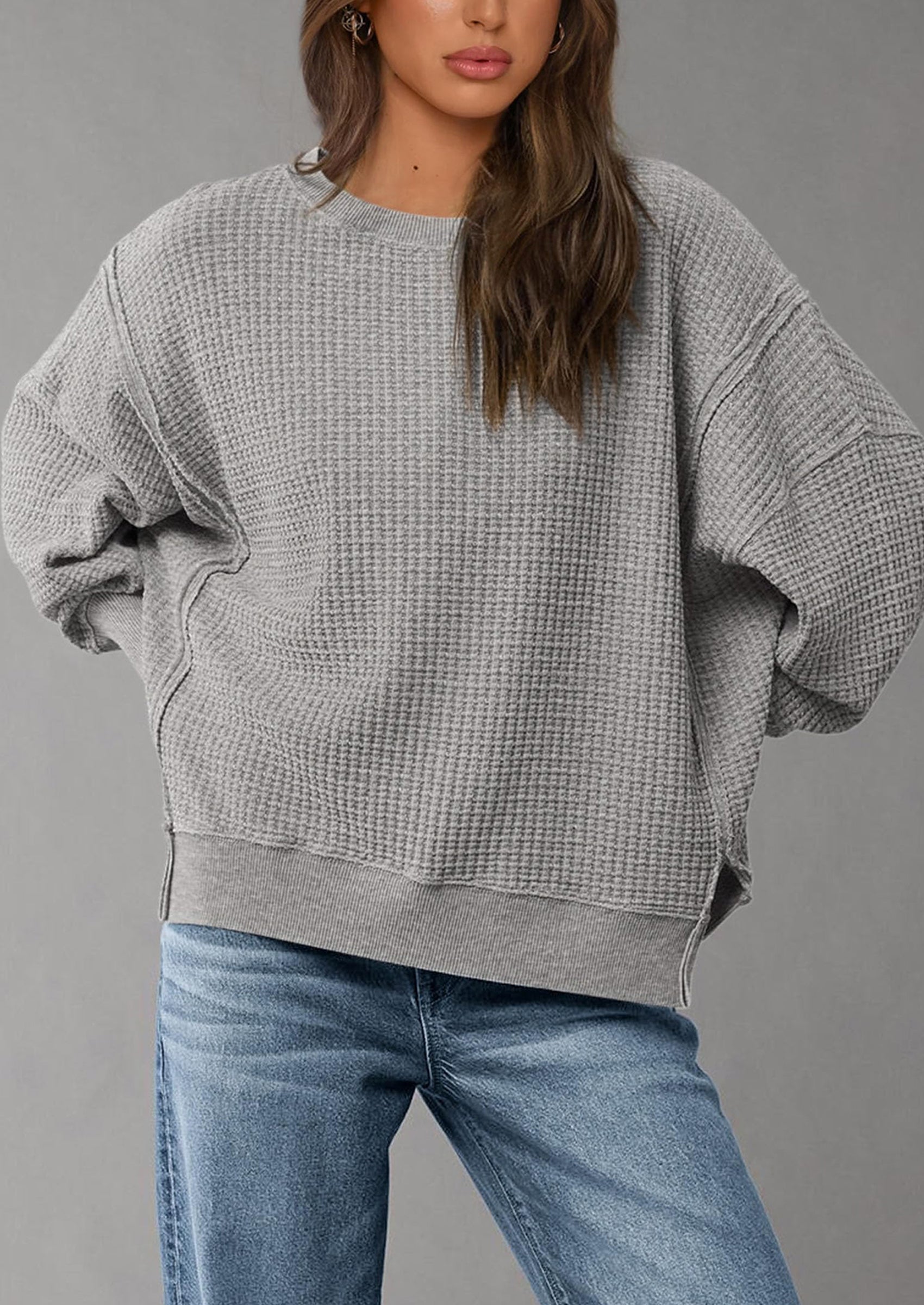 PRETTYGARDEN Oversized Sweatshirt for Women Fashion Crewneck Long Sleeve Pullover Waffle Knit Tops Fall Trendy Clothes