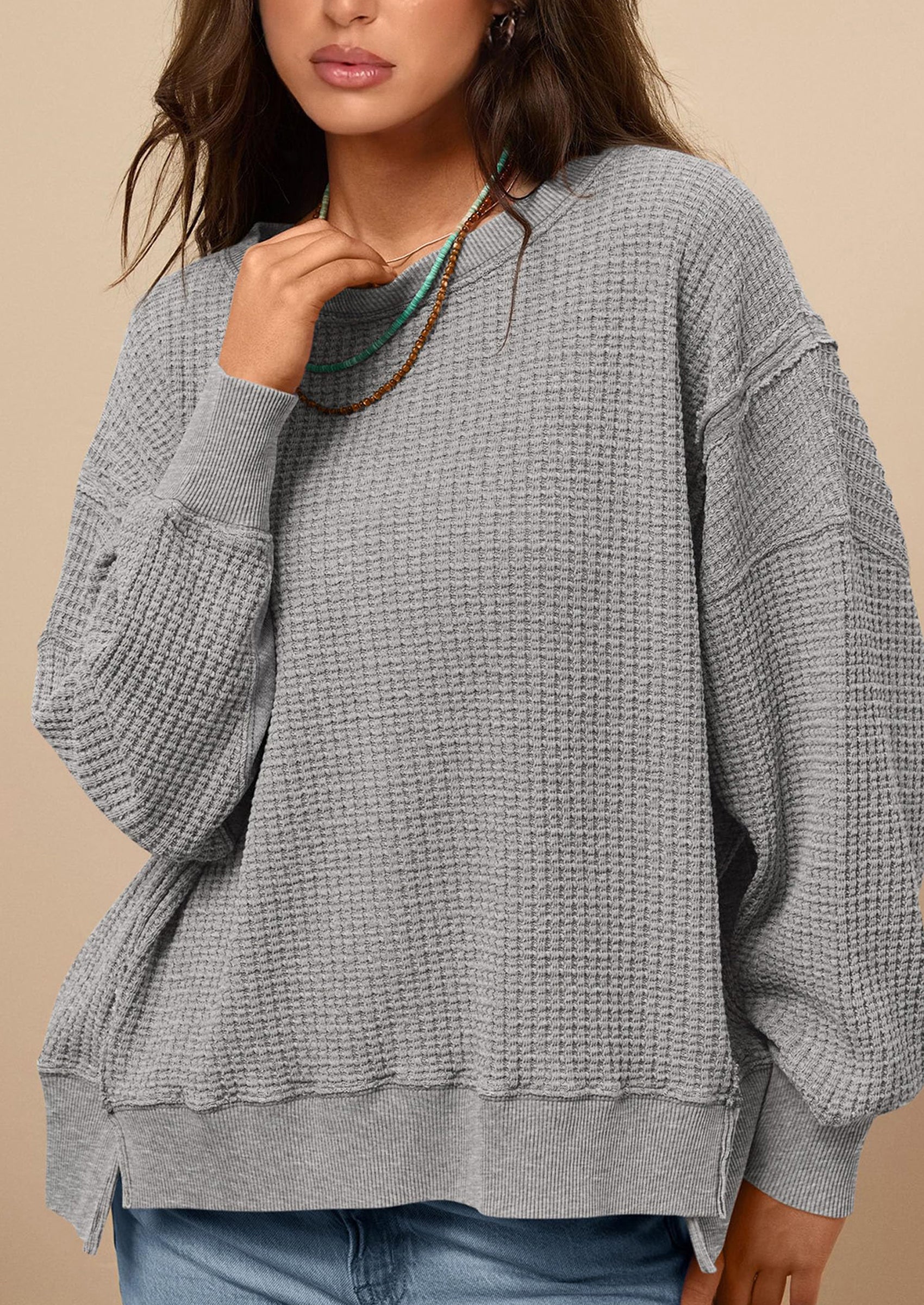 PRETTYGARDEN Oversized Sweatshirt for Women Fashion Crewneck Long Sleeve Pullover Waffle Knit Tops Fall Trendy Clothes