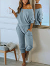 PRETTYGARDEN Women's 2 Piece Ribbed Tracksuit Outfits Off Shoulder Long Sleeve Pullover Lounge Pants with Pockets