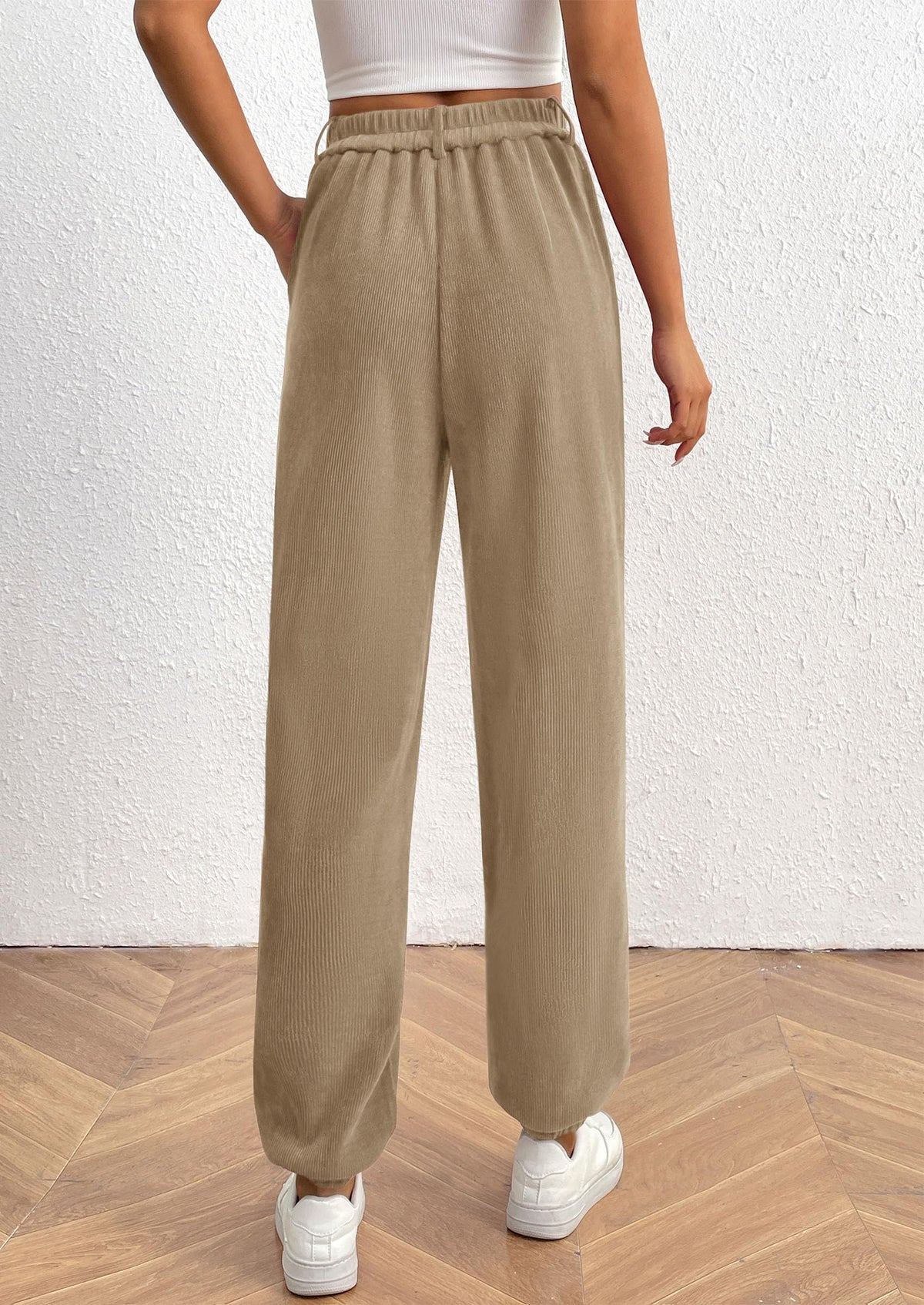 Elastic High Waisted Work Office Corduroy Casual Pants with Pockets
