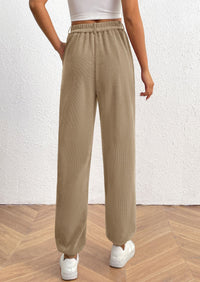 Elastic High Waisted Work Office Corduroy Casual Pants with Pockets