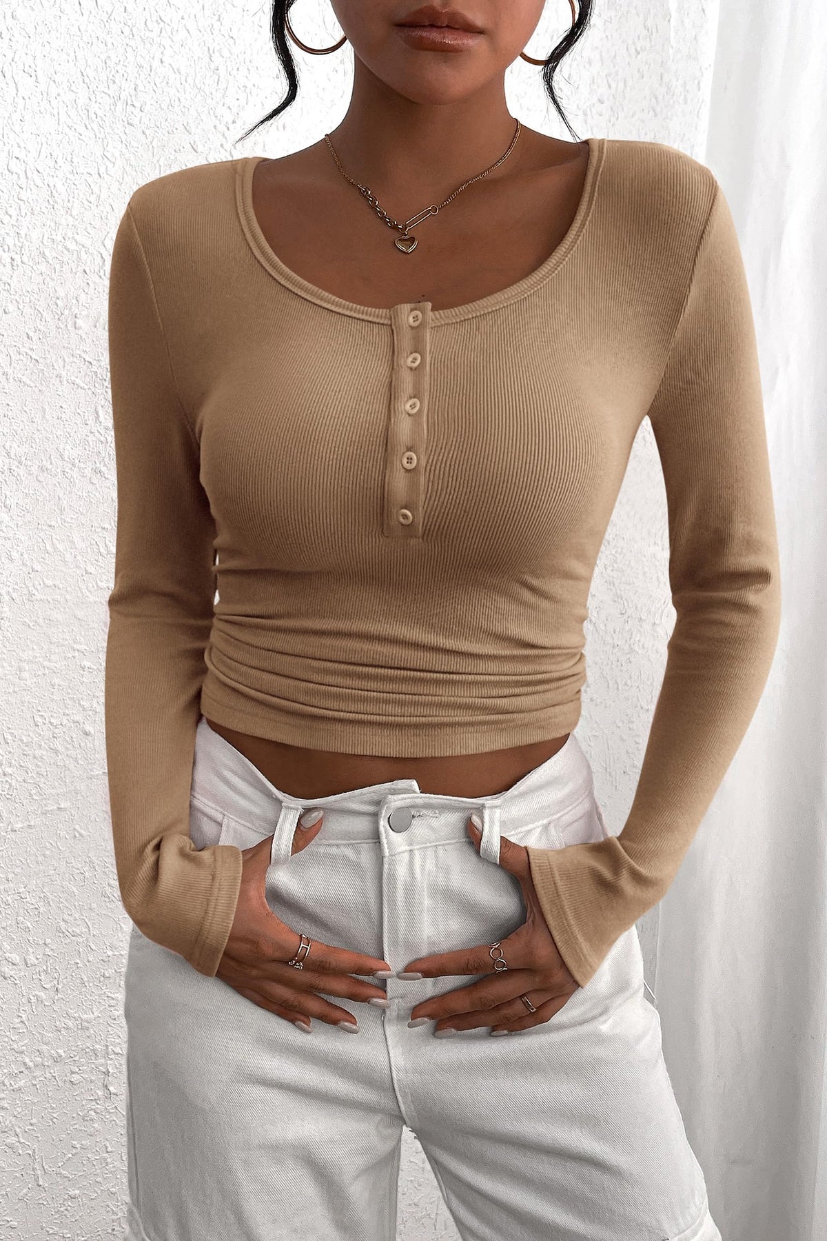 Long Sleeve Henley Button Down Ribbed Knit Slim Fit Casual T-shirts