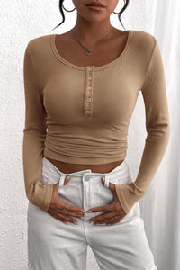 Long Sleeve Henley Button Down Ribbed Knit Slim Fit Casual T-shirts