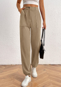 Elastic High Waisted Work Office Corduroy Casual Pants with Pockets
