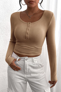 Long Sleeve Henley Button Down Ribbed Knit Slim Fit Casual T-shirts
