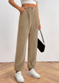 Elastic High Waisted Work Office Corduroy Casual Pants with Pockets