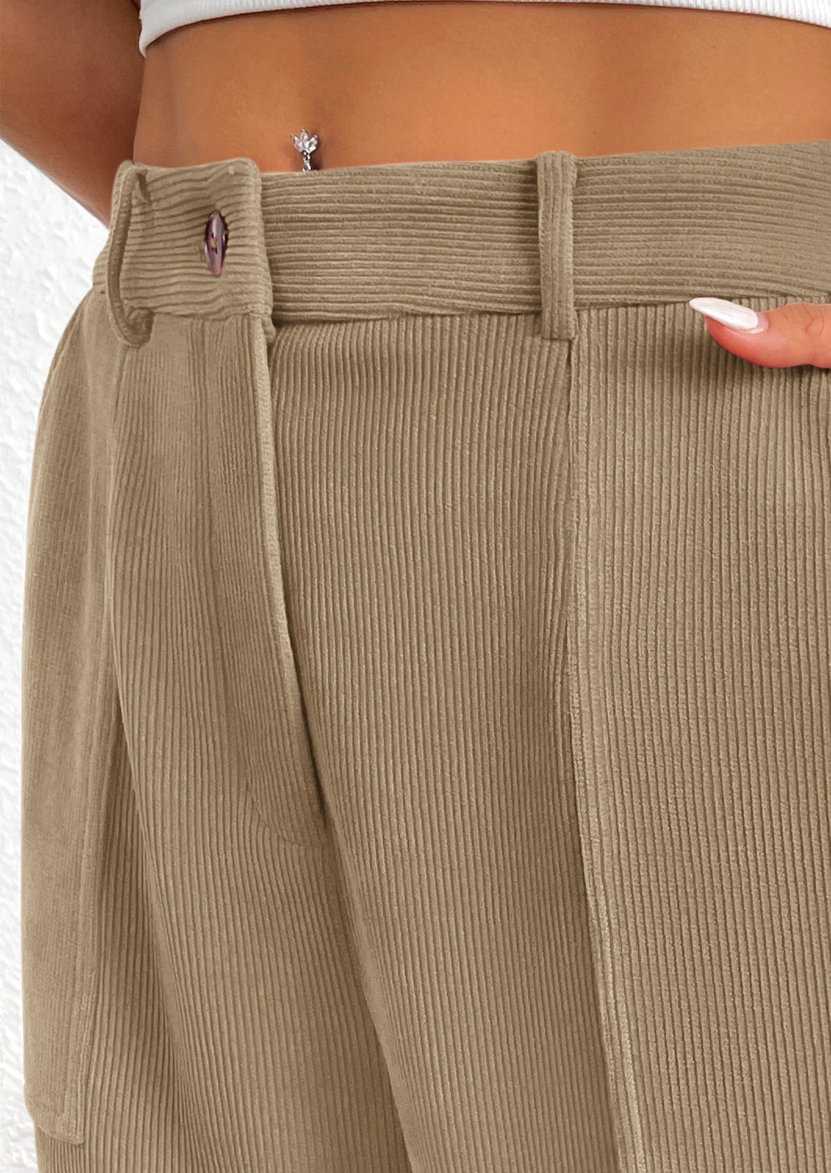Elastic High Waisted Work Office Corduroy Casual Pants with Pockets