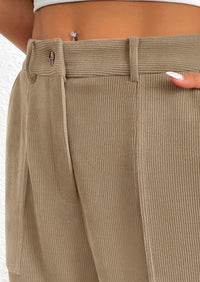 Elastic High Waisted Work Office Corduroy Casual Pants with Pockets