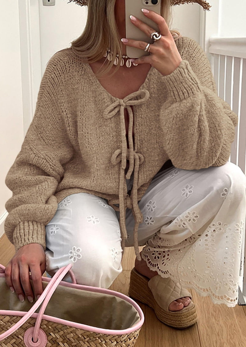 PRETTYGARDEN Women's Tie Front Bow Cardigan Sweaters Chunky Knit Long Puff Sleeve Trendy Fall Winter Jacket Coats