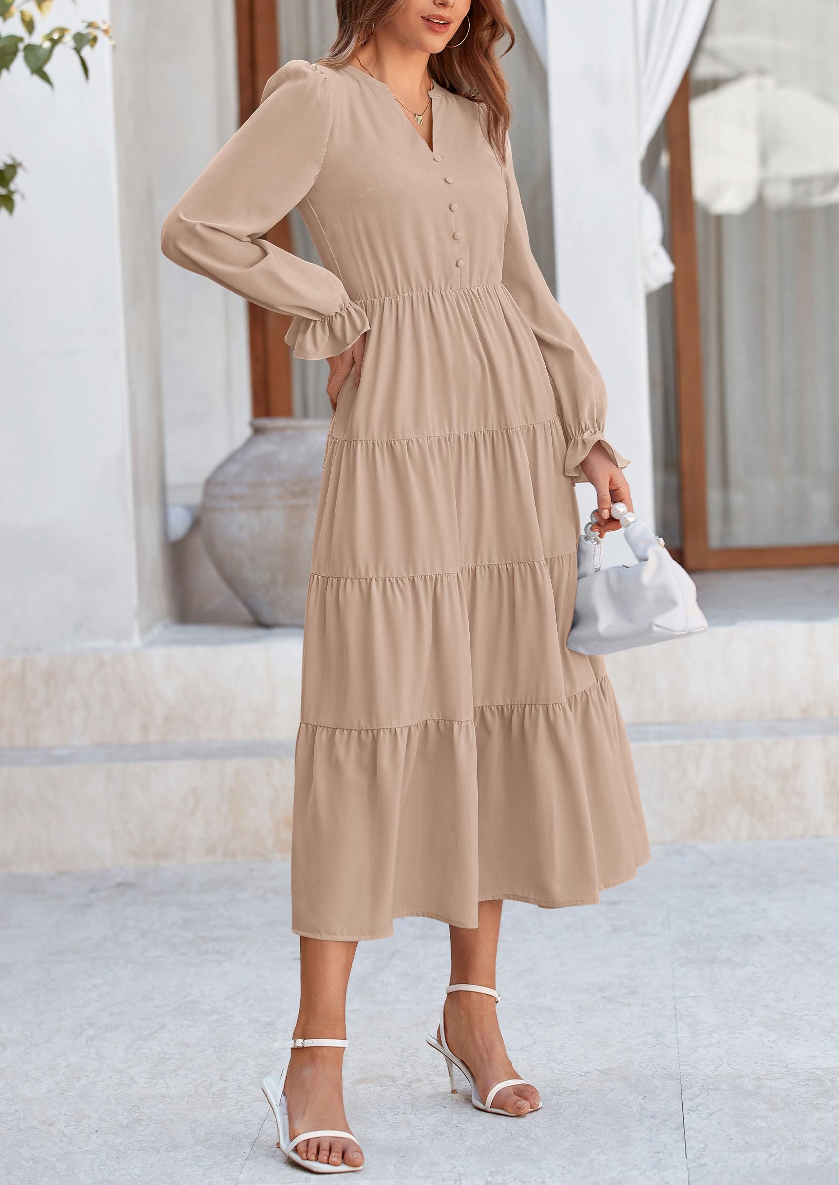 PRETTYGARDEN Women Fall Long Sleeve Smocked Maxi Dress Casual Square Neck Swiss Dot Tiered Ruffle Flowy Spring Pocket Dresses