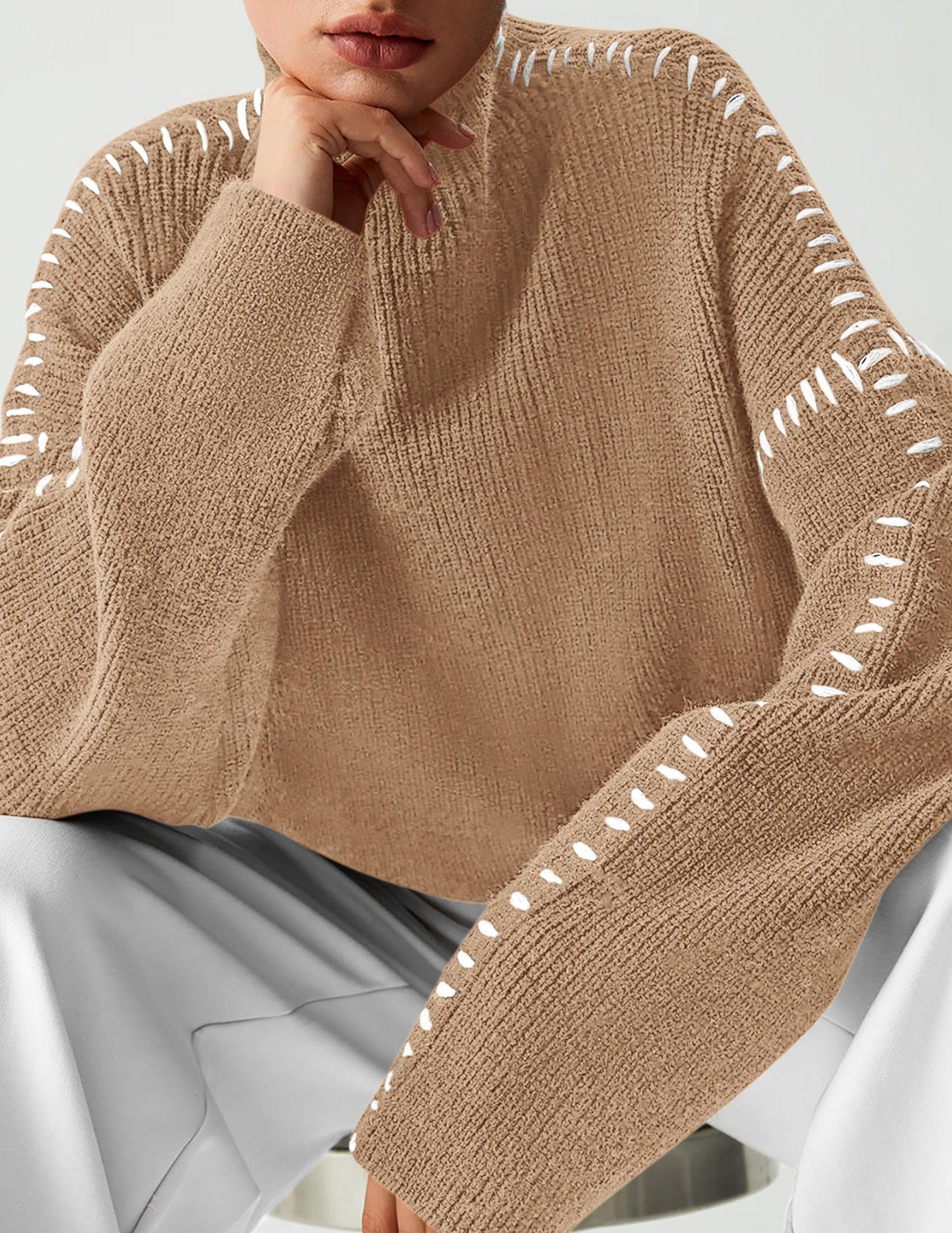 PRETTYGARDEN Women's Chunky Knit Sweaters Fall Long Sleeve Mock Neck Oversized Pullover Tops Winter Fashion Clothes