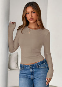 PRETTYGARDEN Womens Summer Fall Long Sleeve Shirts Ribbed Knit Fitted Basic Tee Going Out Tops Underscrub Casual Outfits