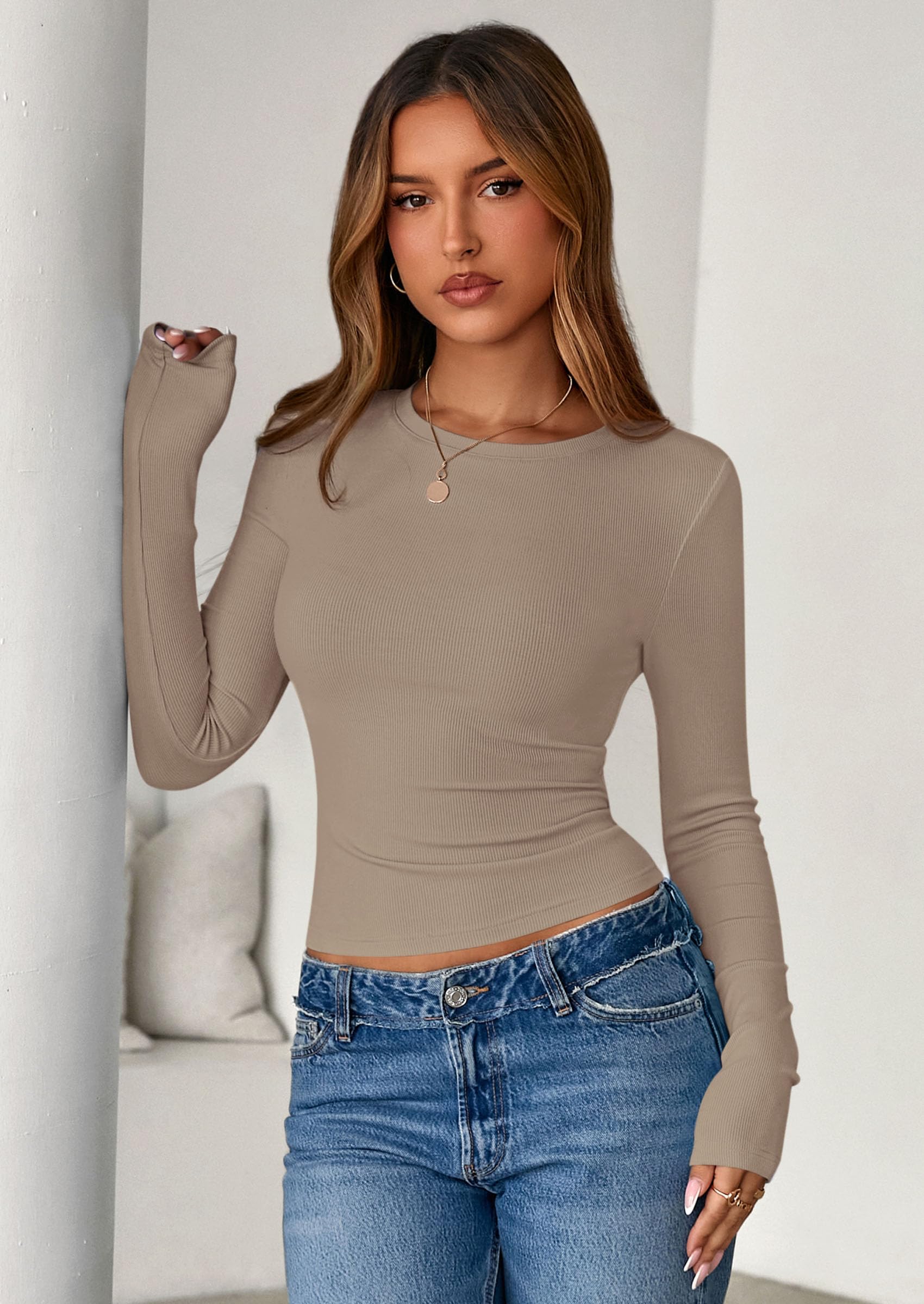 PRETTYGARDEN Womens Summer Fall Long Sleeve Shirts Ribbed Knit Fitted Basic Tee Going Out Tops Underscrub Casual Outfits