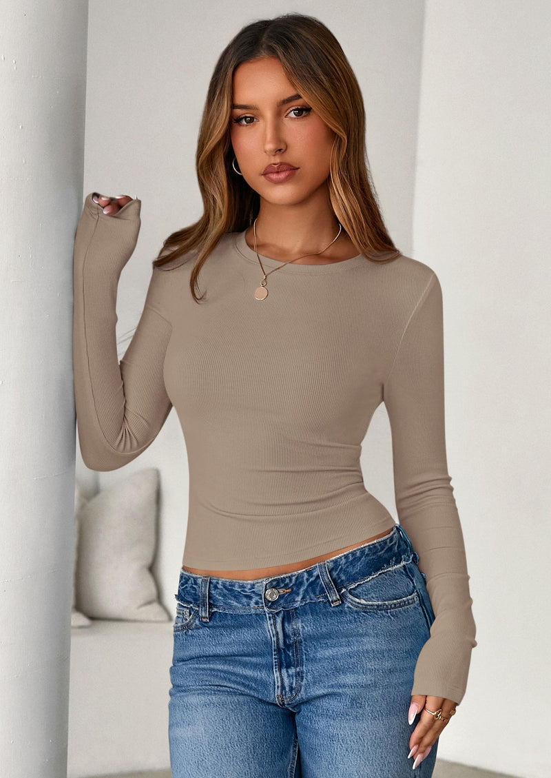 PRETTYGARDEN Womens Summer Fall Long Sleeve Shirts Ribbed Knit Fitted Basic Tee Going Out Tops Underscrub Casual Outfits