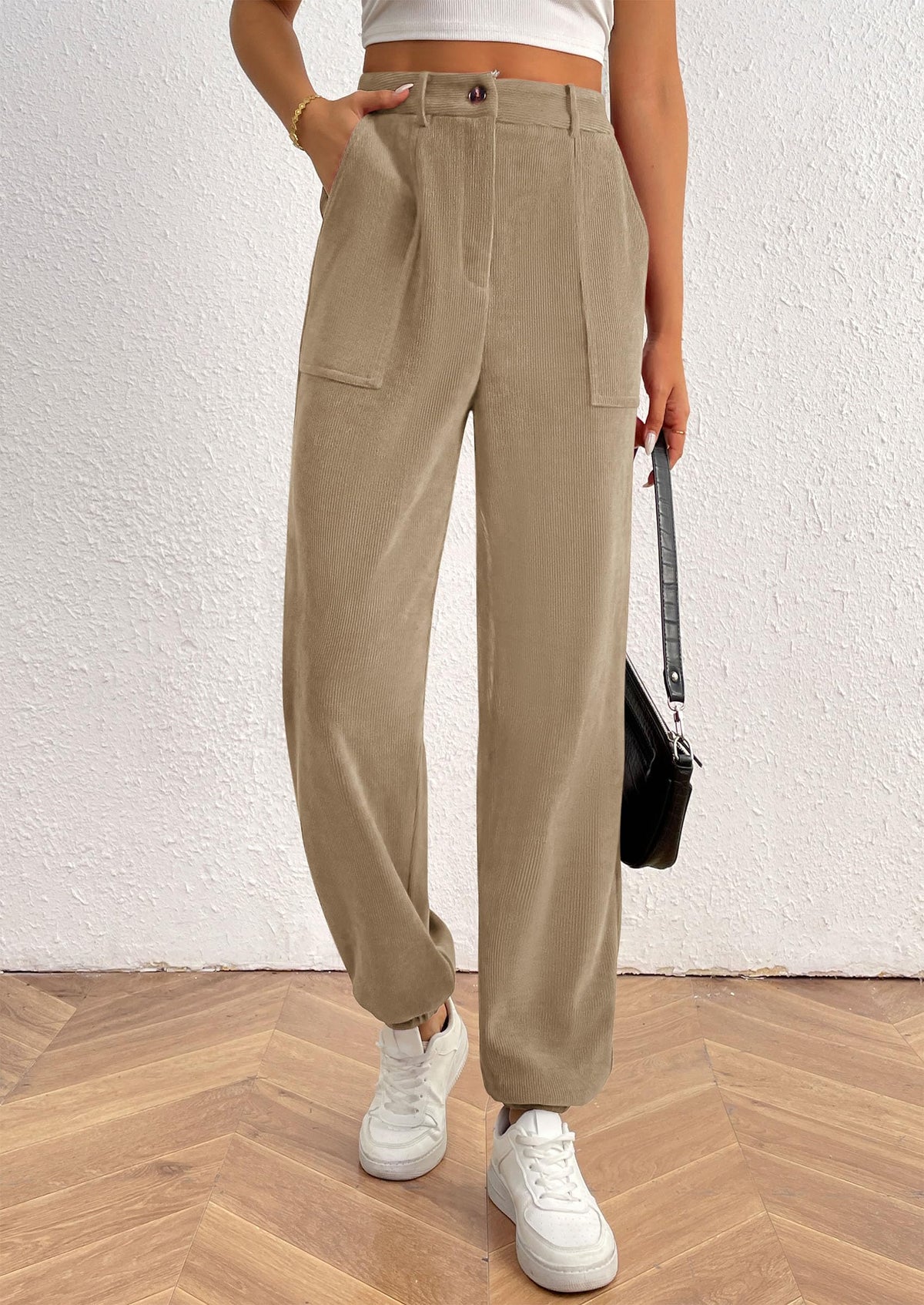 Elastic High Waisted Work Office Corduroy Casual Pants with Pockets