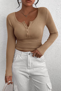 Long Sleeve Henley Button Down Ribbed Knit Slim Fit Casual T-shirts