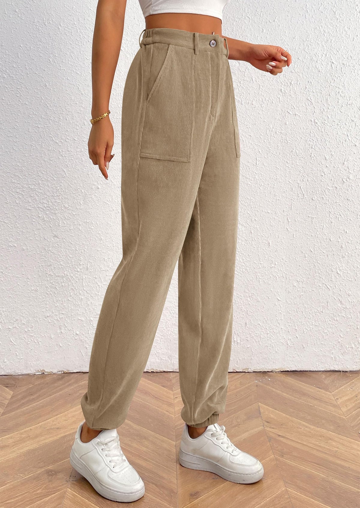 Elastic High Waisted Work Office Corduroy Casual Pants with Pockets