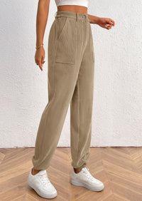 Elastic High Waisted Work Office Corduroy Casual Pants with Pockets