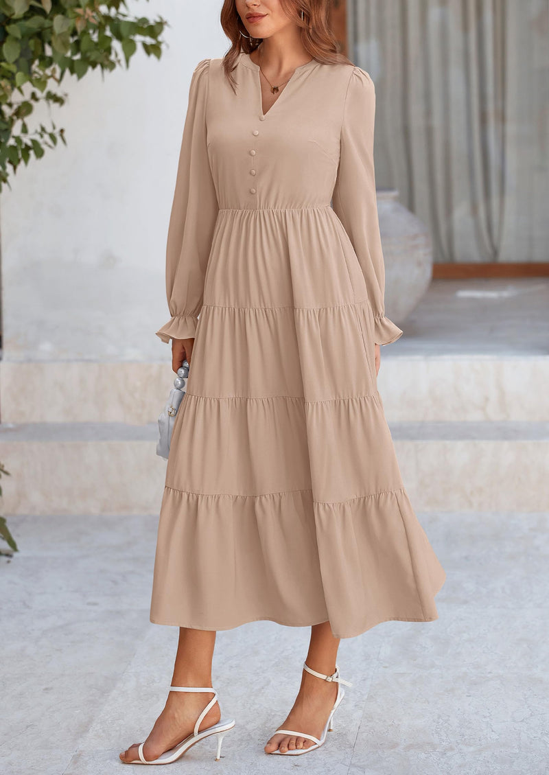 PRETTYGARDEN Women Fall Long Sleeve Smocked Maxi Dress Casual Square Neck Swiss Dot Tiered Ruffle Flowy Spring Pocket Dresses