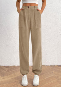 Elastic High Waisted Work Office Corduroy Casual Pants with Pockets