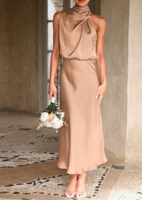Satin sleeveless stand up collar party long dress