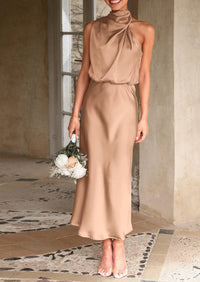 Satin sleeveless stand up collar party long dress