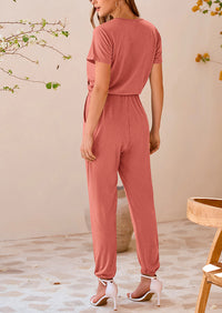 Deep V Neck Wrap Drawstring Waist Jumpsuits