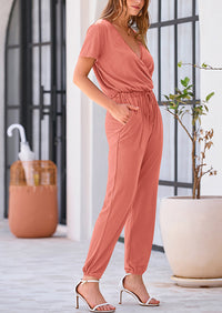 Deep V Neck Wrap Drawstring Waist Jumpsuits