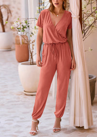 Deep V Neck Wrap Drawstring Waist Jumpsuits