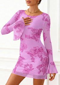 PRETTYGARDEN Women's Floral Embroidered Dress Fall Long Bell Sleeve Ribbon Flower Mini Short Mesh Bodycon Party Dresses