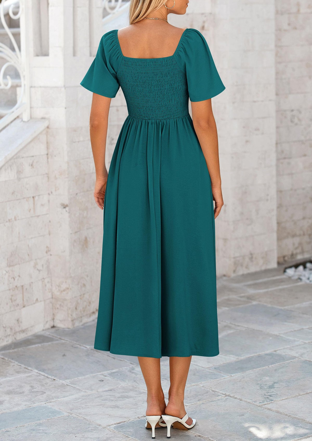 Casual Short Sleeve Bow Tie V Neck Ruffle Flowy Midi Dresses