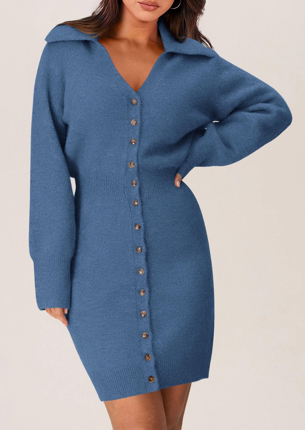 Long Sleeve V Neck Button Down Knit Pullover Sweater Dresses