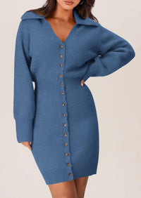 Long Sleeve V Neck Button Down Knit Pullover Sweater Dresses