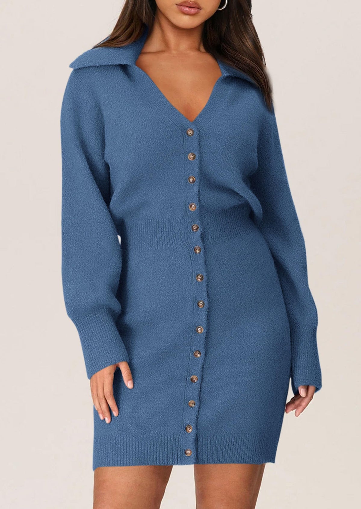 Long Sleeve V Neck Button Down Knit Pullover Sweater Dresses
