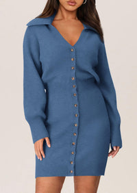 Long Sleeve V Neck Button Down Knit Pullover Sweater Dresses