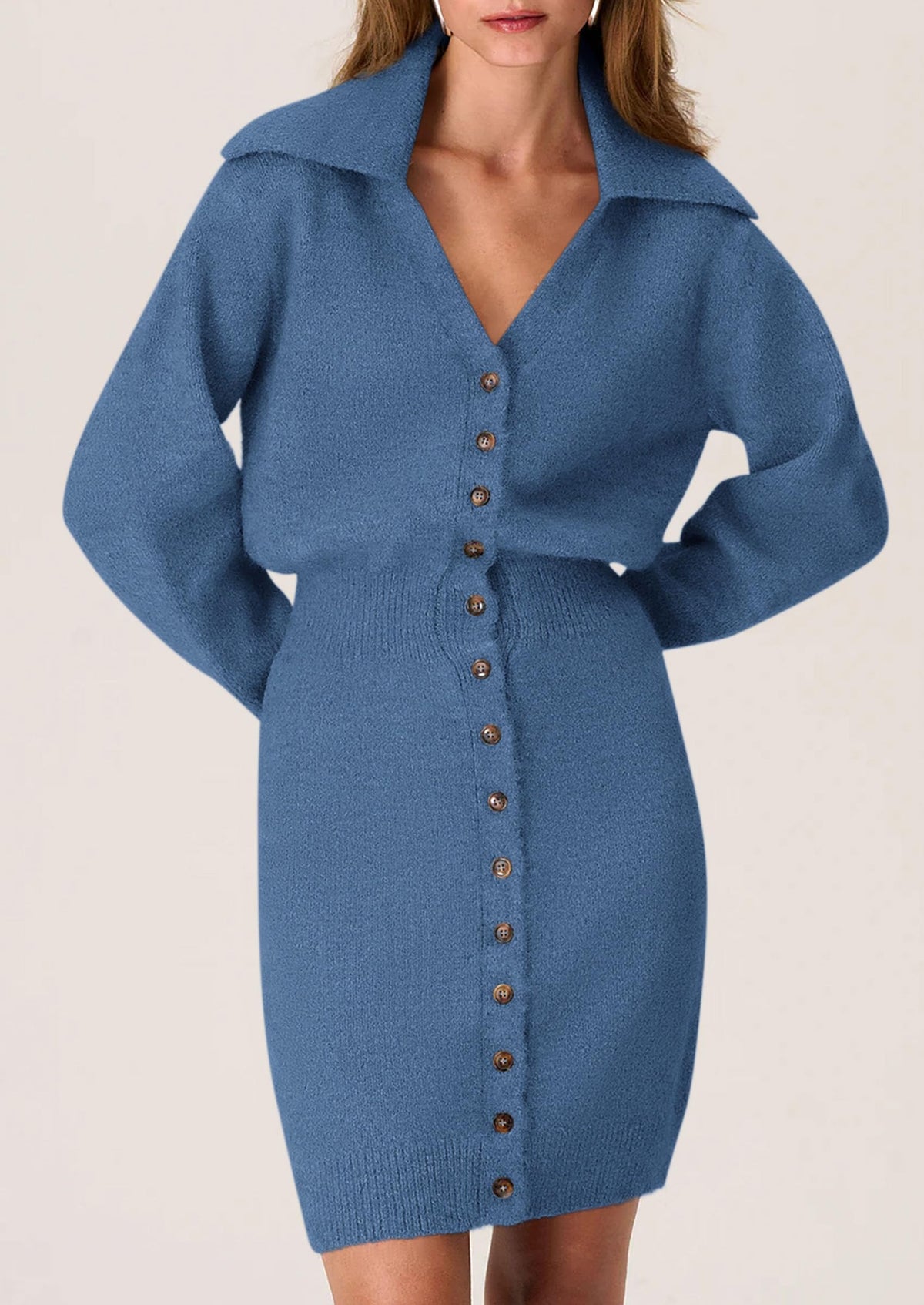 Long Sleeve V Neck Button Down Knit Pullover Sweater Dresses