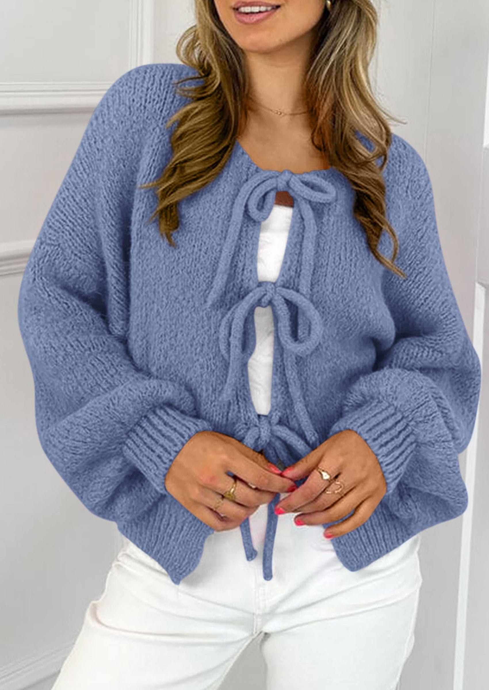 PRETTYGARDEN Women's Tie Front Bow Cardigan Sweaters Chunky Knit Long Puff Sleeve Trendy Fall Winter Jacket Coats