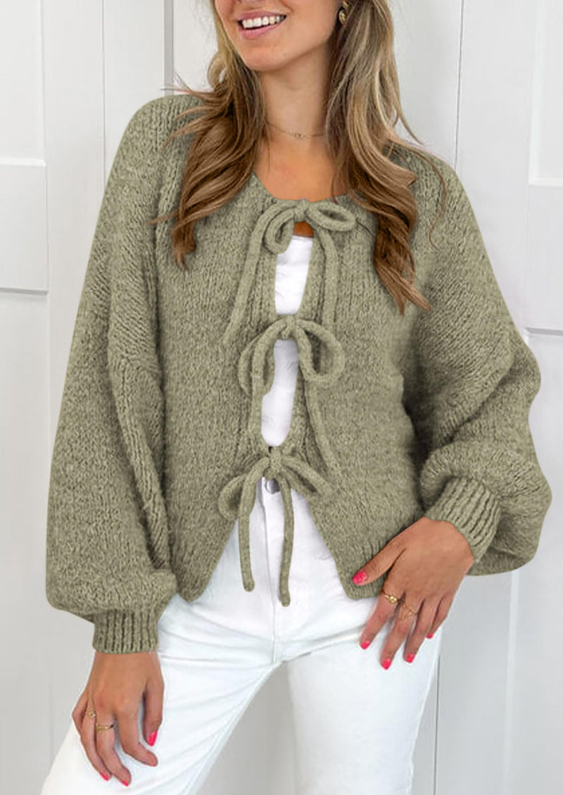 PRETTYGARDEN Women's Tie Front Bow Cardigan Sweaters Chunky Knit Long Puff Sleeve Trendy Fall Winter Jacket Coats