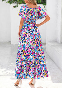 Floral Boho Short Sleeve V Neck Smocked A Line Beach Vacation Maxi Dresses