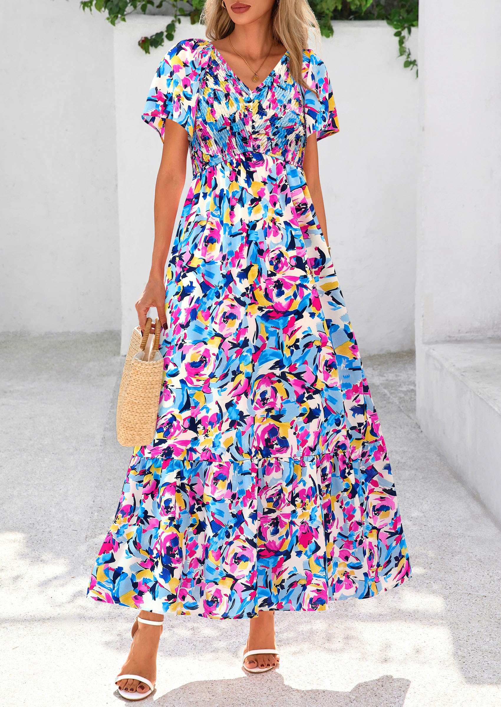 Floral Summer Dress Maxi Dress V-Neck Short Sleeves Printed Long