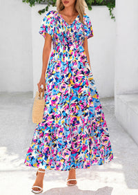 Floral Boho Short Sleeve V Neck Smocked A Line Beach Vacation Maxi Dresses