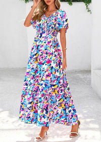 Floral Boho Short Sleeve V Neck Smocked A Line Beach Vacation Maxi Dresses