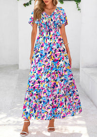Floral Boho Short Sleeve V Neck Smocked A Line Beach Vacation Maxi Dresses
