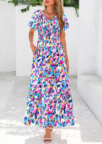 Floral Boho Short Sleeve V Neck Smocked A Line Beach Vacation Maxi Dresses