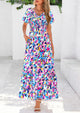 Floral Boho Short Sleeve V Neck Smocked A Line Beach Vacation Maxi Dresses