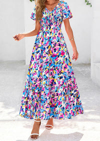 Floral Boho Short Sleeve V Neck Smocked A Line Beach Vacation Maxi Dresses